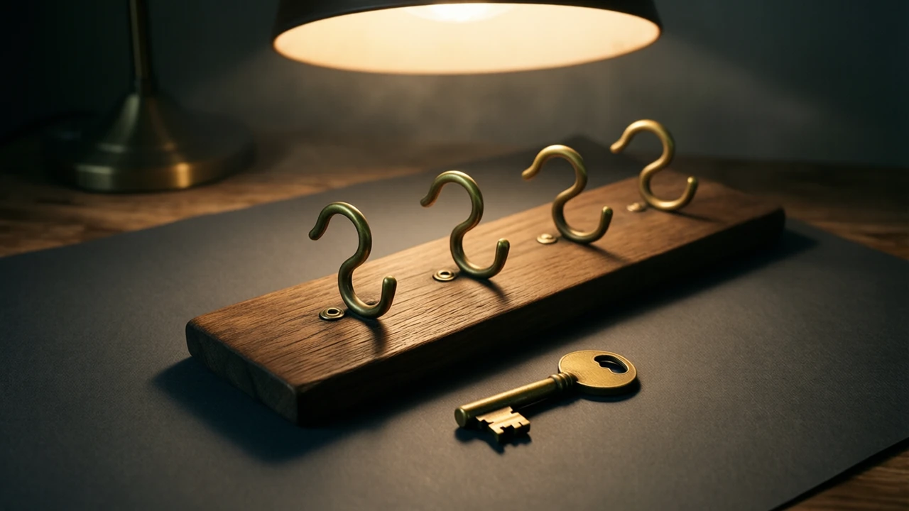 A short plank of dark oak lying flat with five small curved brass coat hooks screwed along it, every hook bare, a single brass door key set down just below the plank.