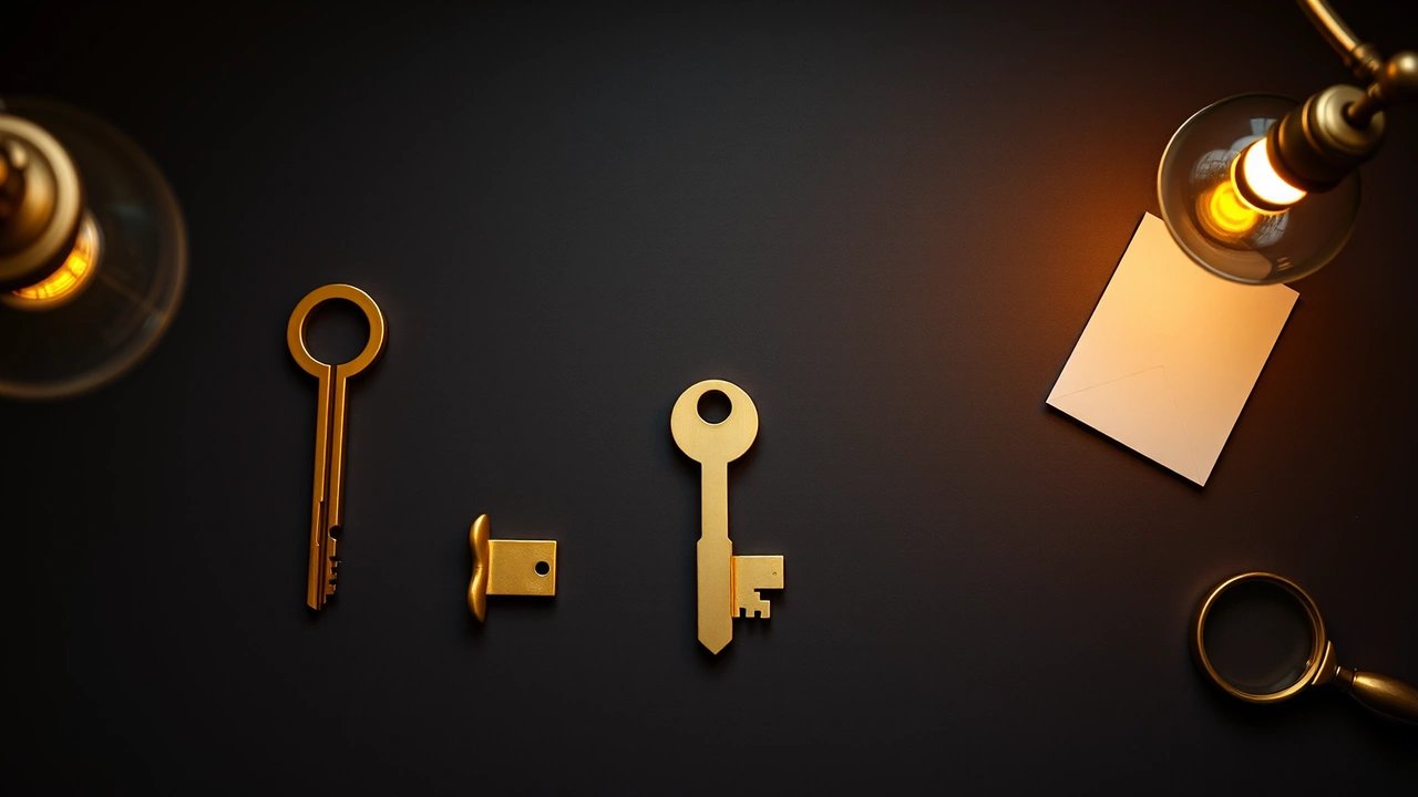 Three large brass door keys of different shapes laid in a neat row with even gaps between them, one long with a round bow, one short and plain, one new and bright, a folded paper note at the far edge.