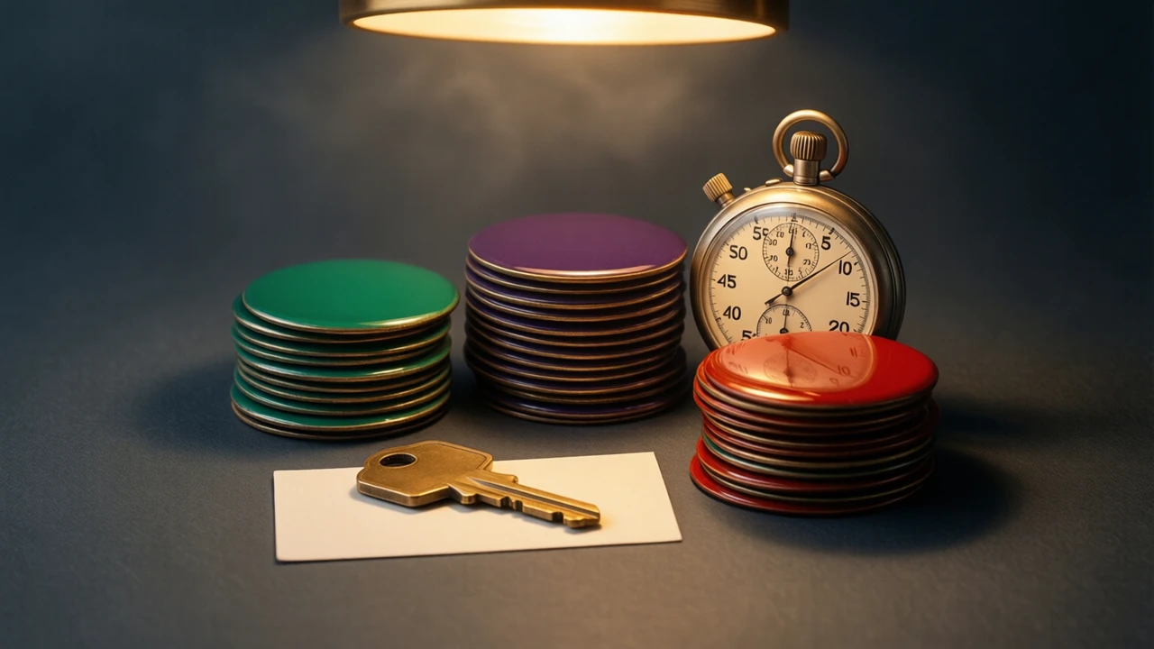 A brand new brass key still on its plain card backing, beside three short stacks of flat glossy enamel discs coloured emerald green, deep violet and scarlet red and a brass stopwatch.