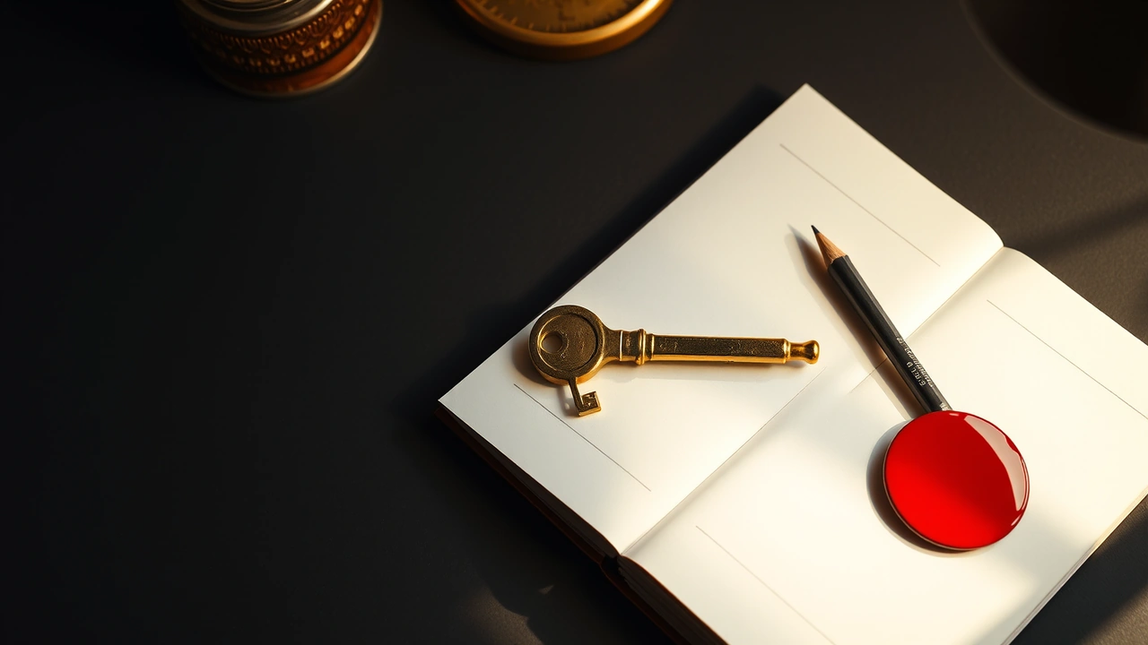 A plain paper passbook lying open with blank ruled pages, a small brass key resting across the fold, a pencil beside it and a single scarlet red flat glossy enamel disc at the lower corner, every page blank.