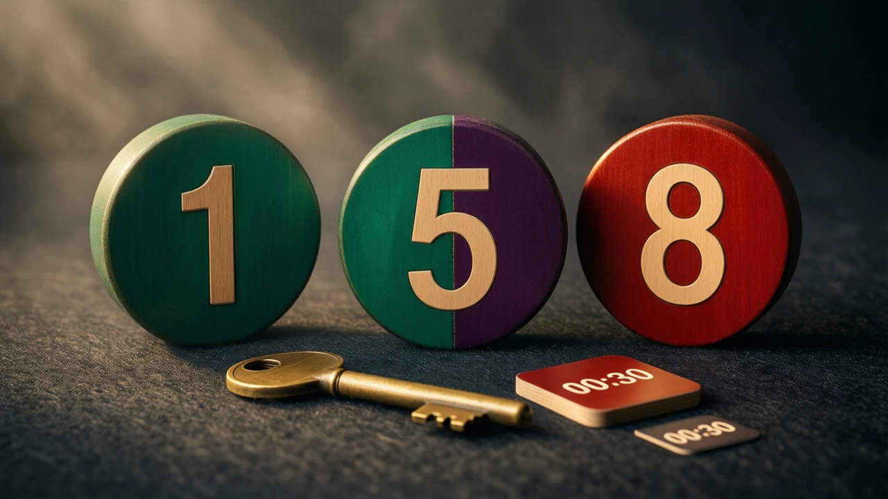 Three large round discs standing on dark felt with a single big digit on each face, a 1 on an emerald green disc, a 5 on a disc split half emerald green and half deep violet, an 8 on a scarlet red disc, a brass key lying below them and a small flat square card facing the lens printed 00:30 beside the key.