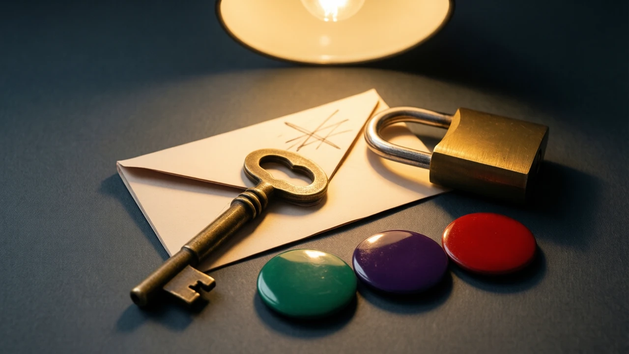 An old brass door key lying across a folded paper note, the note half open with one line of handwriting struck through in pencil, an open brass padlock beside it and three flat glossy enamel discs in a short row, coloured emerald green, deep violet and scarlet red.