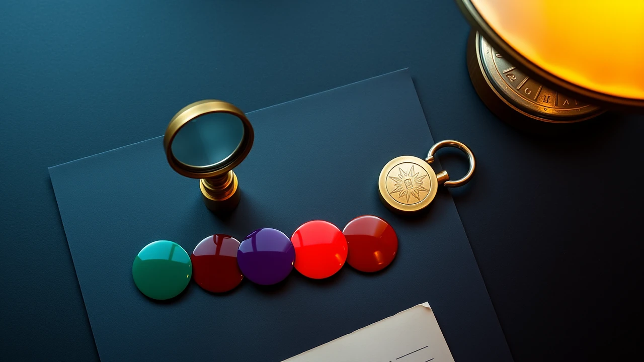 A brass magnifying loupe over a short row of three flat glossy enamel discs coloured emerald green, deep violet and scarlet red, an open brass padlock lying beside them and a folded paper note at the edge of the frame.