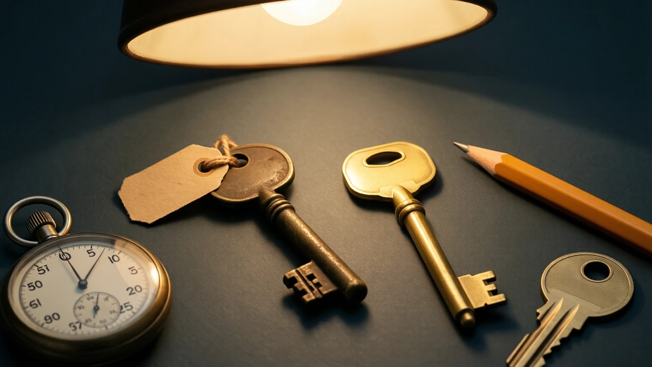 Two brass door keys lying side by side, the left key old and tarnished with a small paper tag tied to its bow, the right key new and bright, a pencil lying diagonally between them, a brass stopwatch at the top edge of the frame.