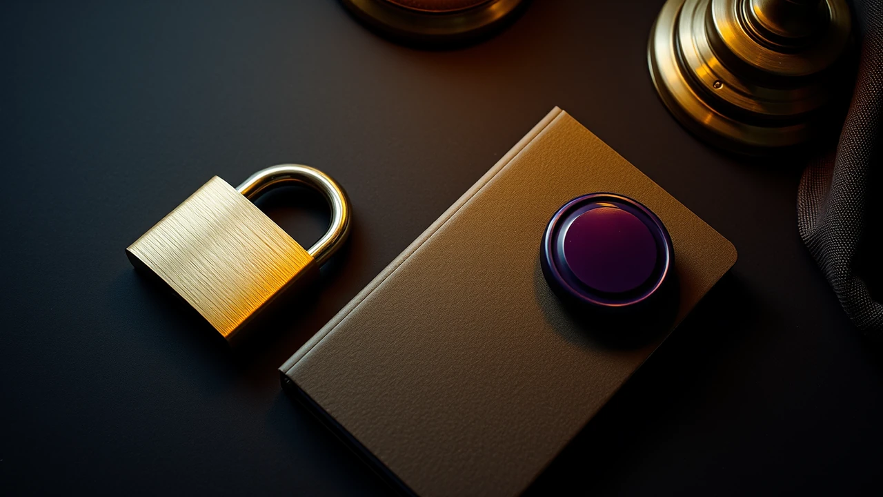 A closed brass padlock beside a closed pocket notebook, a single deep violet flat glossy enamel disc resting on the notebook.