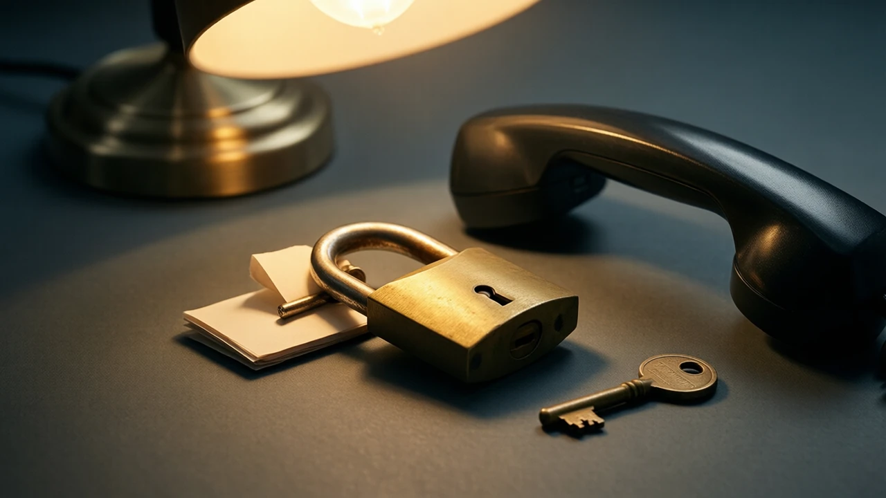 An old brass padlock lying closed with a small brass key beside it, a folded paper note tucked under the padlock's shackle, and a black desk telephone receiver resting face down at the far edge of the frame.