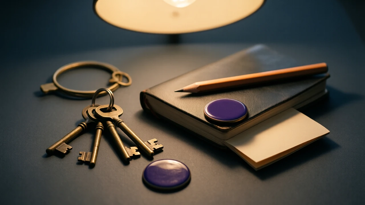 A small ring of three old brass keys next to a closed pocket notebook with a pencil resting on its cover, a single deep violet flat glossy enamel disc set on the notebook's corner, and a plain folded paper note tucked half under the notebook.