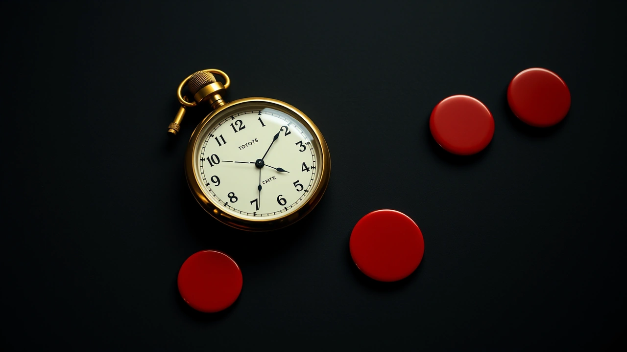 A large brass stopwatch beside a short stack of flat glossy enamel discs in scarlet red, every disc face perfectly smooth.