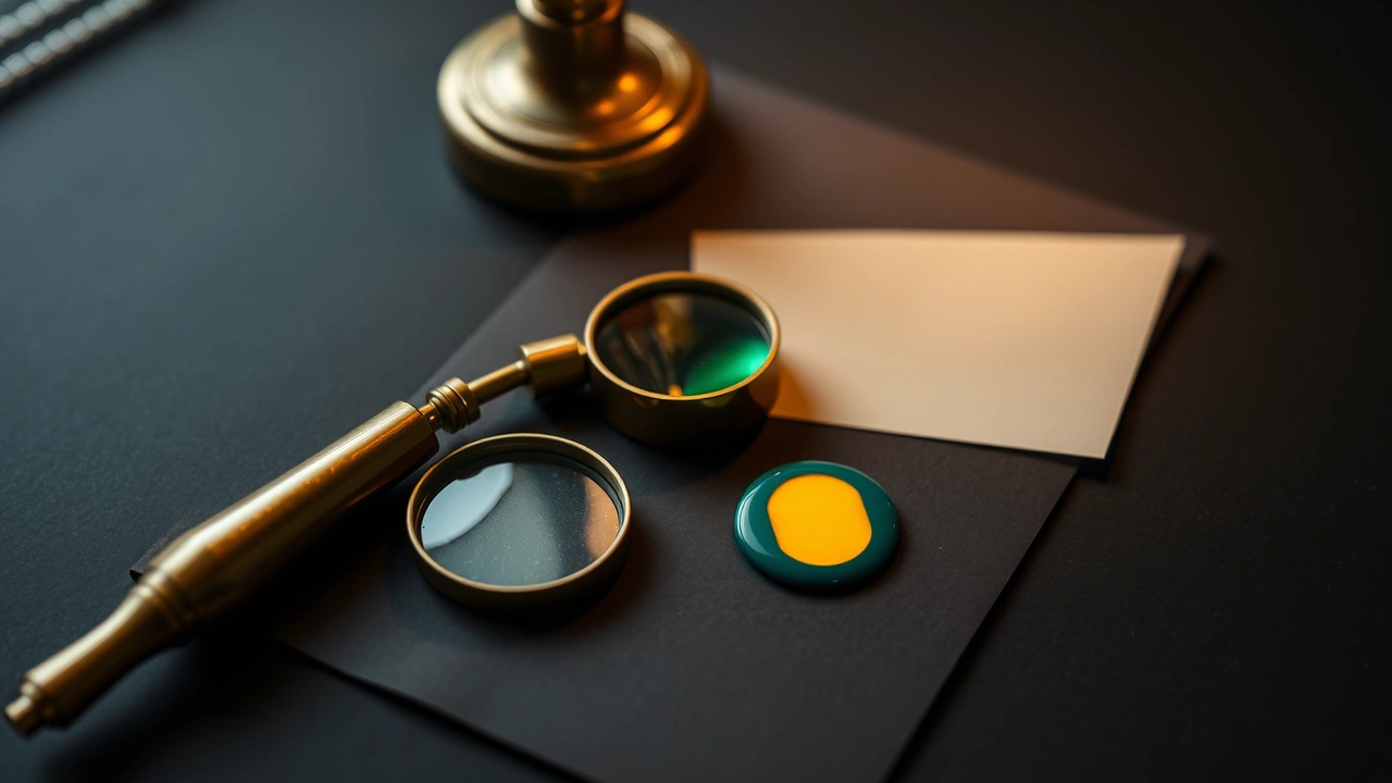 A small brass magnifying loupe lying on a folded paper note, a single emerald green flat glossy enamel disc beside it.